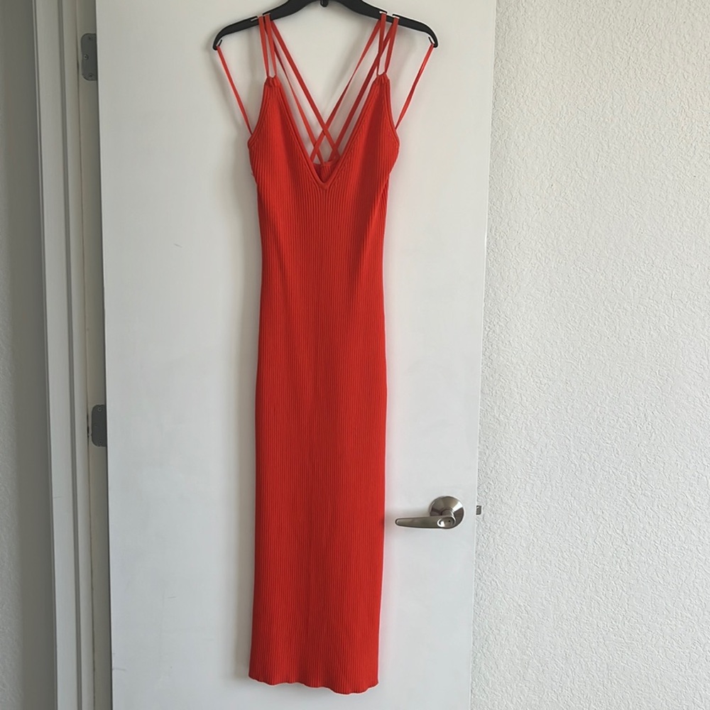 Michael Kors body con knit orange midi dress